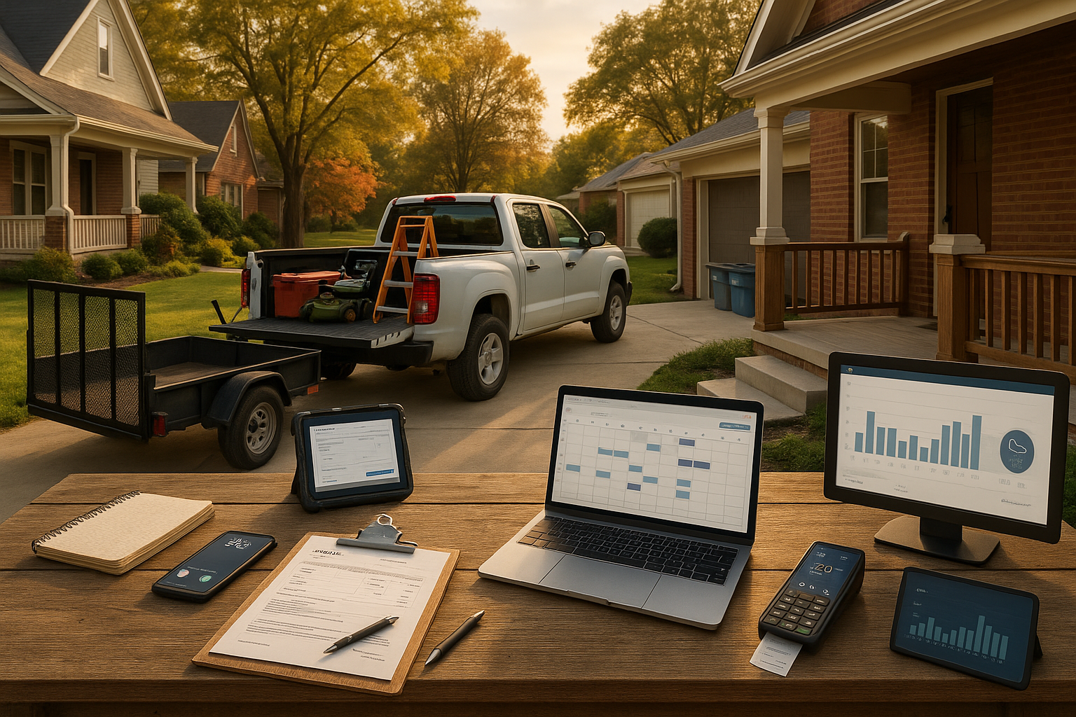 Golden-hour Indianapolis street with brick porch, wood table holding smartphone, tablet, clipboard and unbranded service truck.