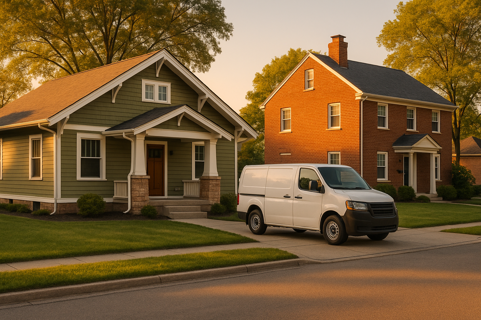 Golden-hour Indianapolis streetscape with Craftsman and brick colonial, unbranded truck in tidy driveway, warm light, mature trees, clean facades.