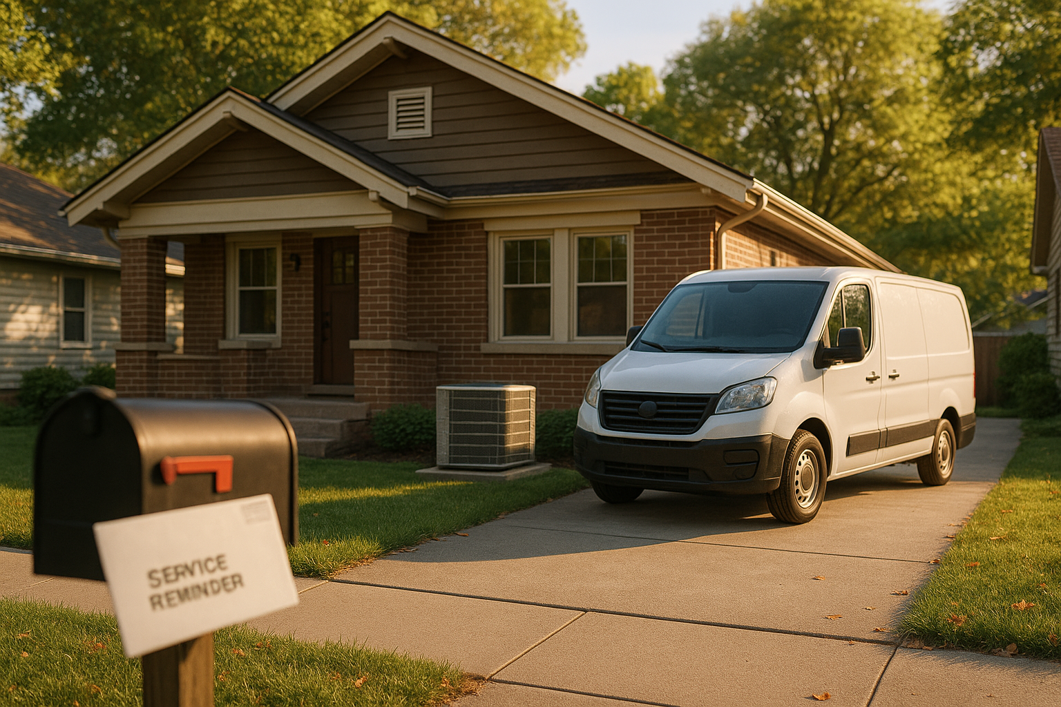 Broad Ripple bungalow exterior, AC condenser, unbranded van, mailbox with service reminder, warm golden-hour light, brick and lawn textures.