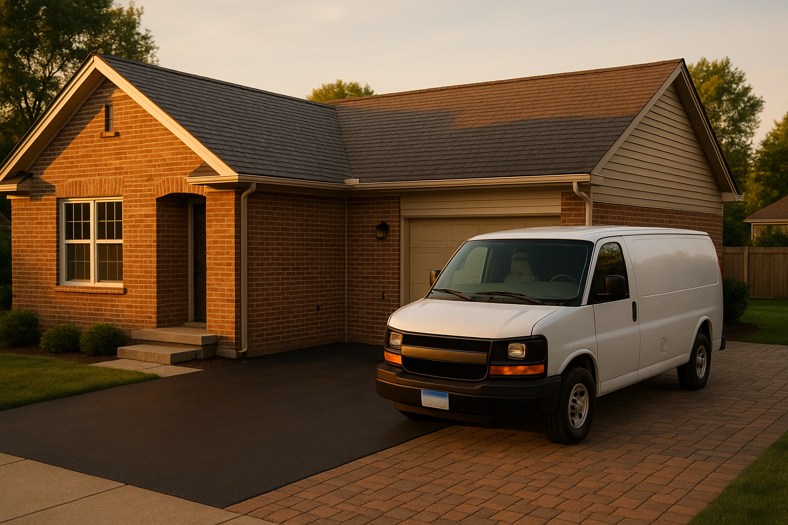 Brick Indianapolis bungalow at golden hour with new roof, siding, paver patio and parked unbranded van; plates and house numbers blurred.