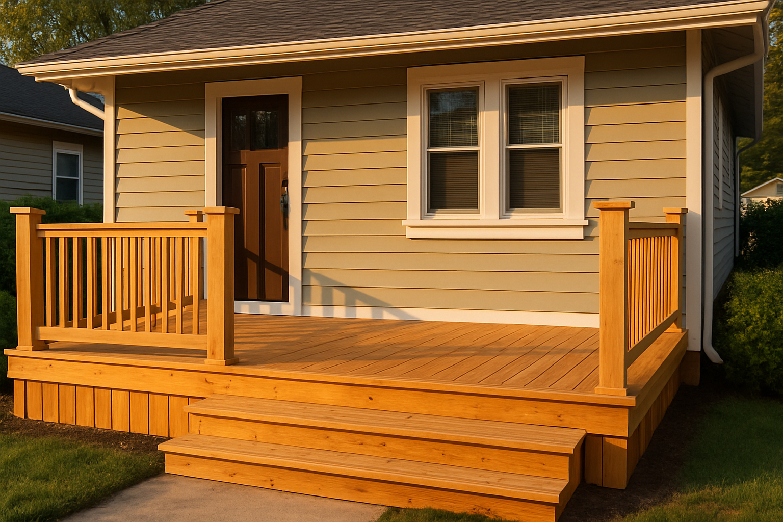 Finished wooden deck and painted trim in warm golden-hour light, crisp wood grain and tidy curbside.
