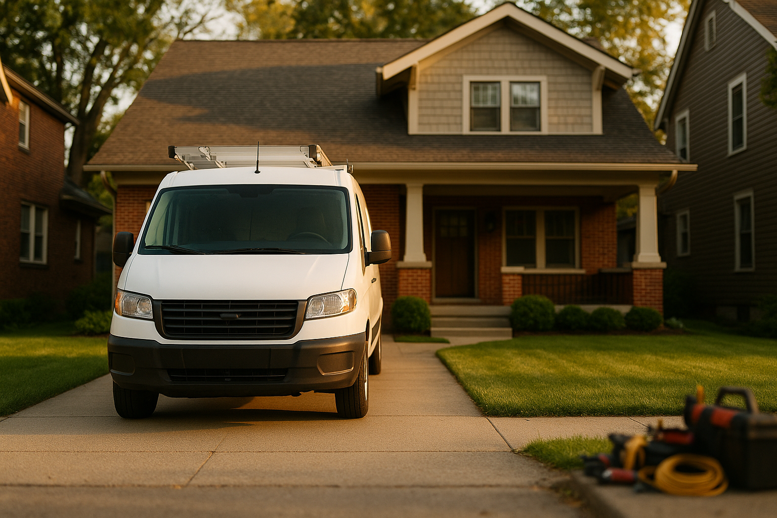 Service van centered in an Indianapolis driveway at golden hour; brick home, concrete driveway, porch and lawn in warm natural light.