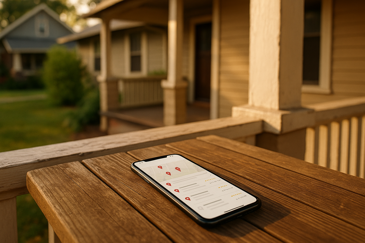 Wooden porch table with smartphone showing a generic local listings interface in warm golden hour light.