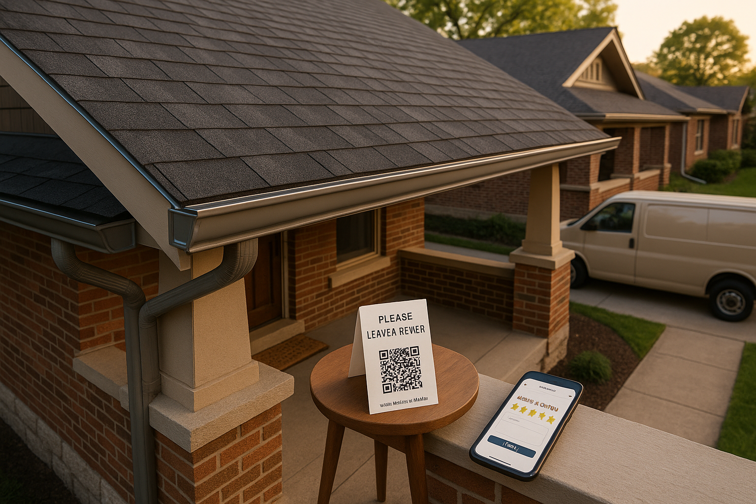Craftsman bungalow roof with new shingles, metal flashing, swept driveway, porch table with QR review card and phone showing review UI in golden hour.