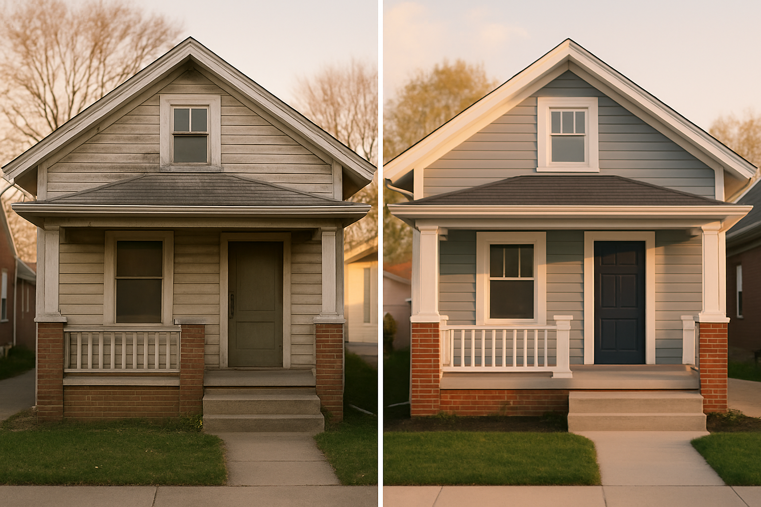 Diptych before-and-after of the same Indy house from identical angle; weathered left, freshly painted right, golden hour light, clapboard and brick.