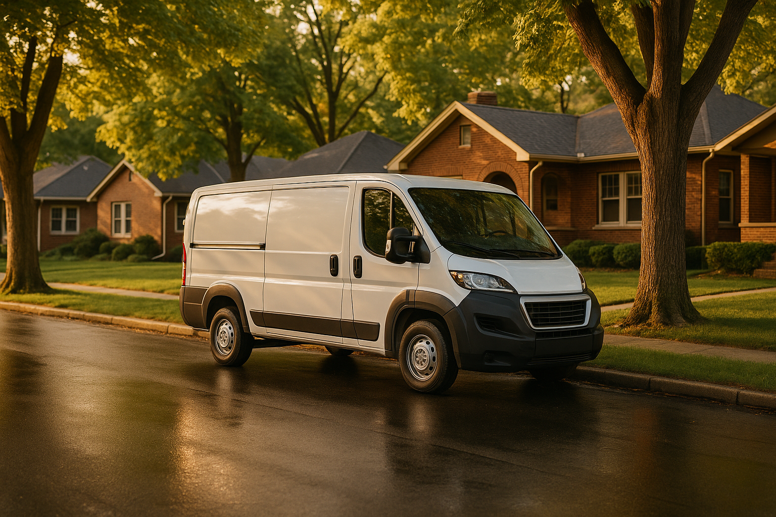 Unbranded service van on a tree-lined Indianapolis bungalow street at golden hour, brick homes, warm light, asphalt, no people.