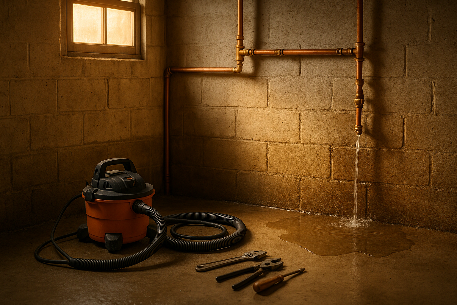 Basement with burst copper pipe, waterline on concrete wall, repaired fittings and wet-vac, warm window light.