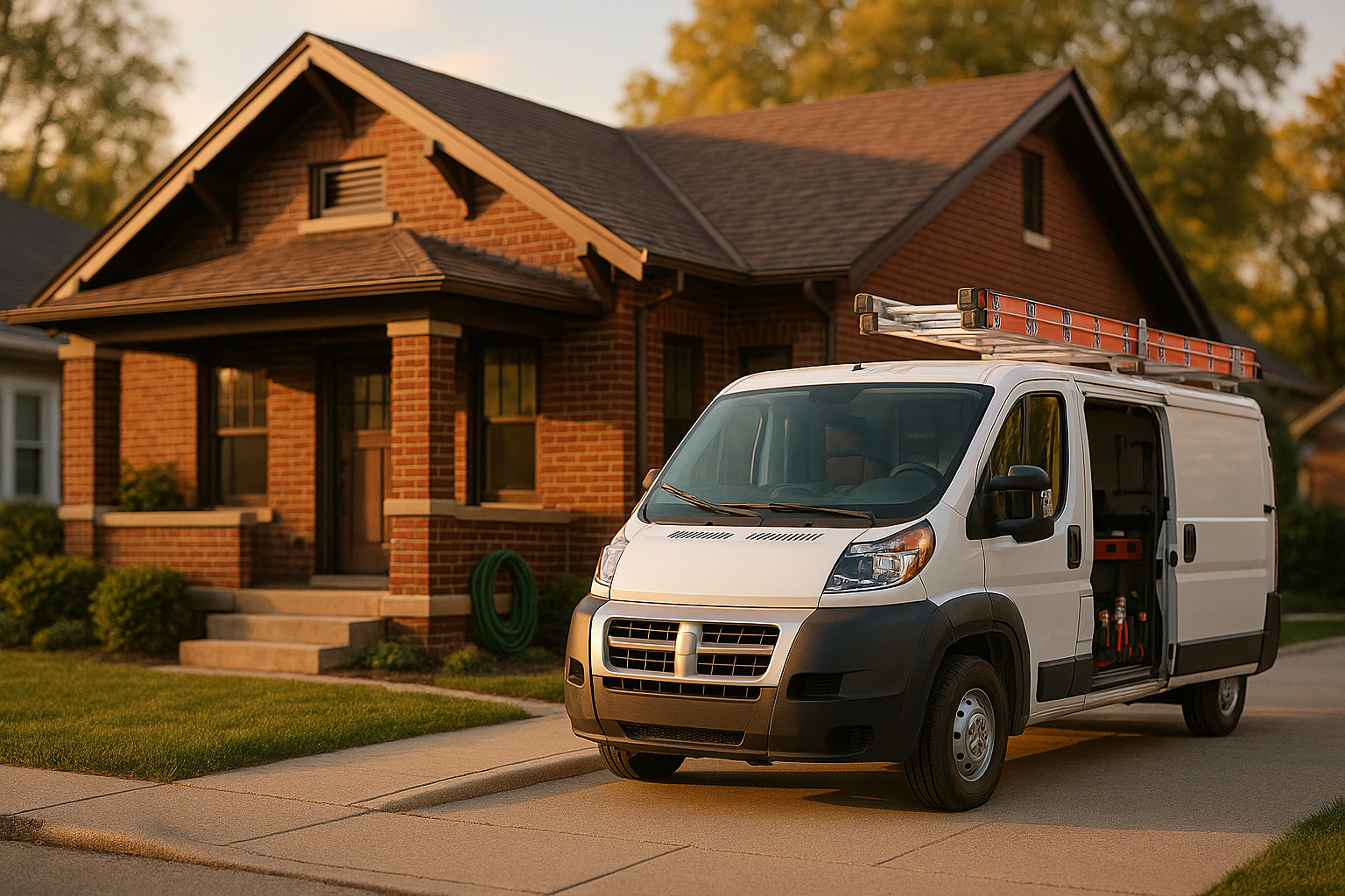 Broad Ripple red-brick bungalow at golden hour with unbranded service van, brick and wood trim, concrete driveway, warm light.