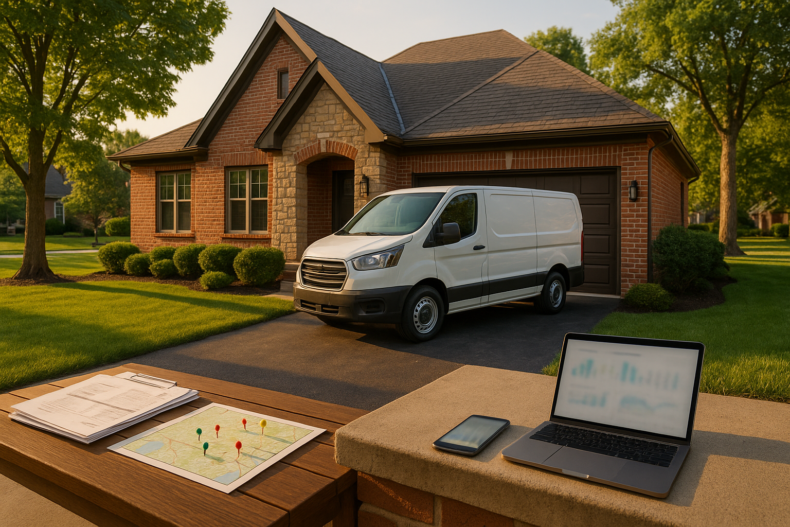 Brick Indianapolis suburb home at golden hour, manicured lawn, driveway with unbranded service van, porch devices, clipboard and map.