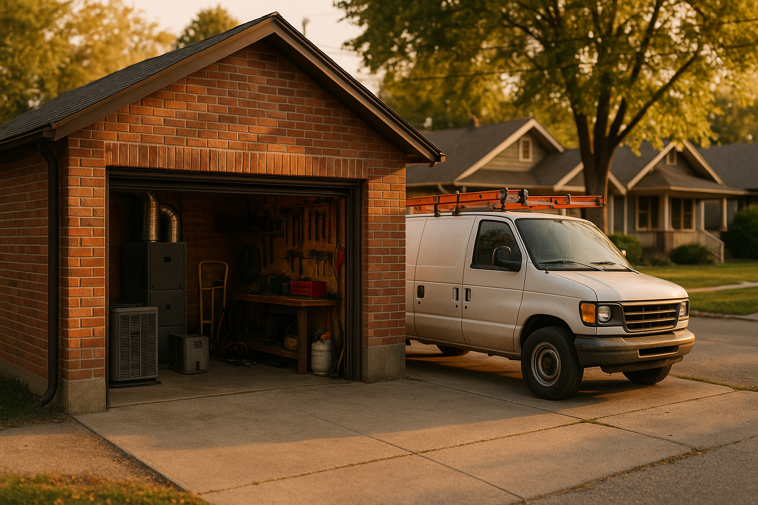 Brick Broad Ripple garage exterior with unbranded van, tools on driveway, warm golden-hour light, suburban street and mature trees.