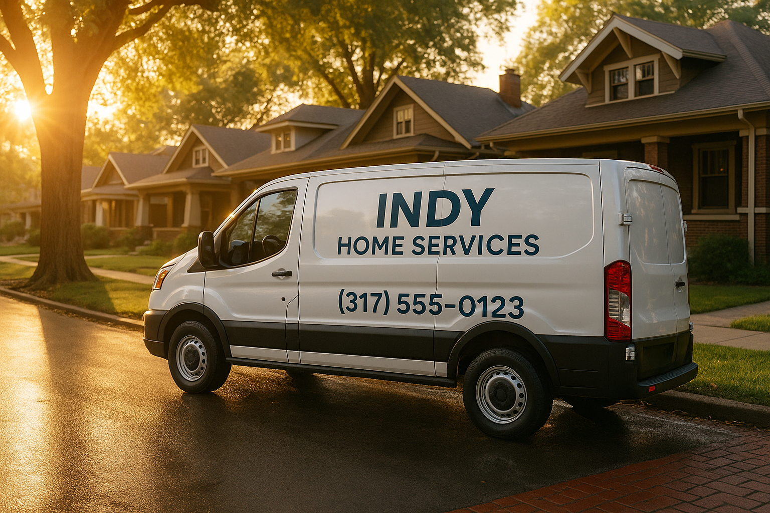 White service van with vinyl signage, Craftsman bungalow street, warm golden-hour light, asphalt and brick details.