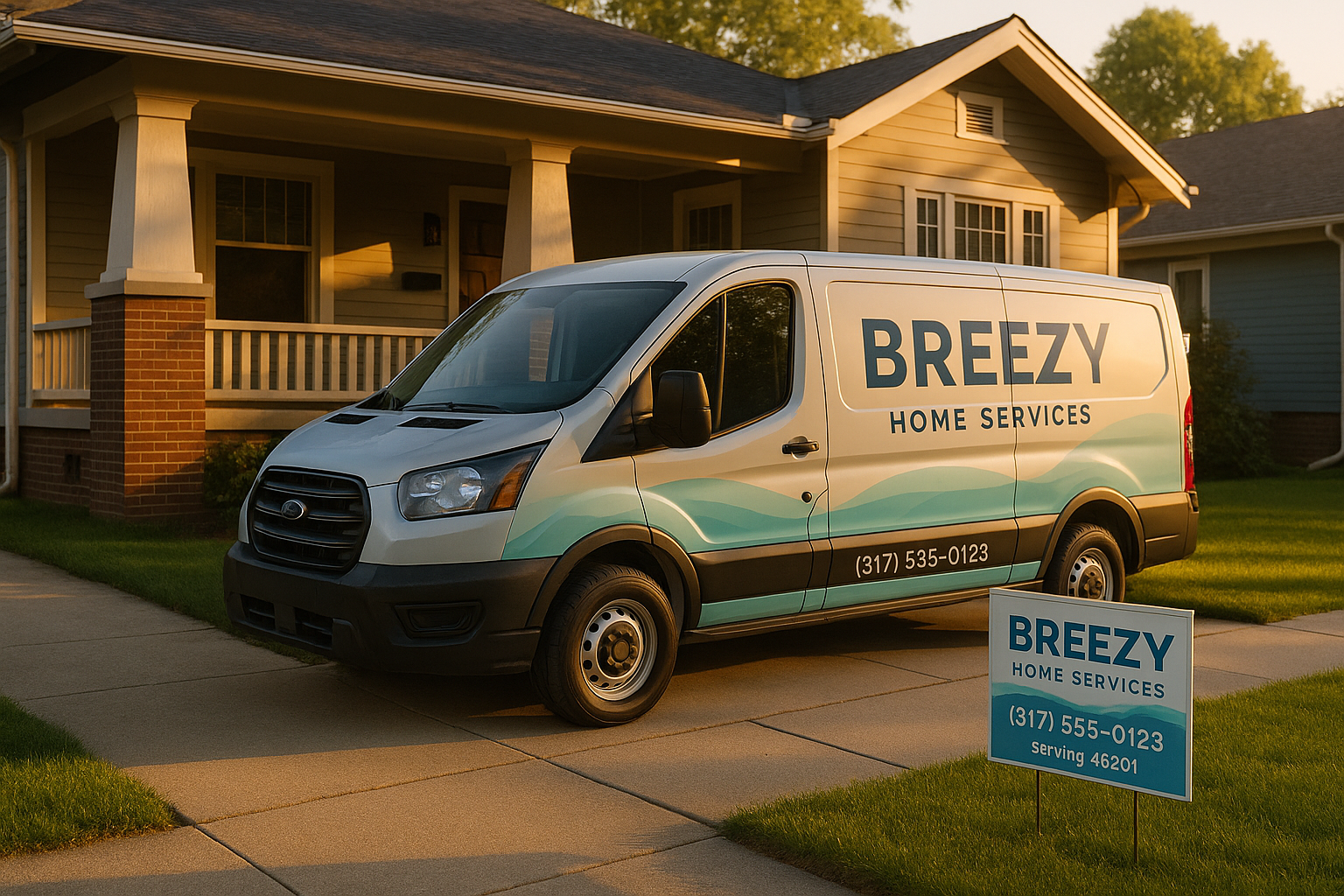 Wrapped service van at golden hour in front of brick bungalow with porch, yard sign showing NAP and 317 area code.