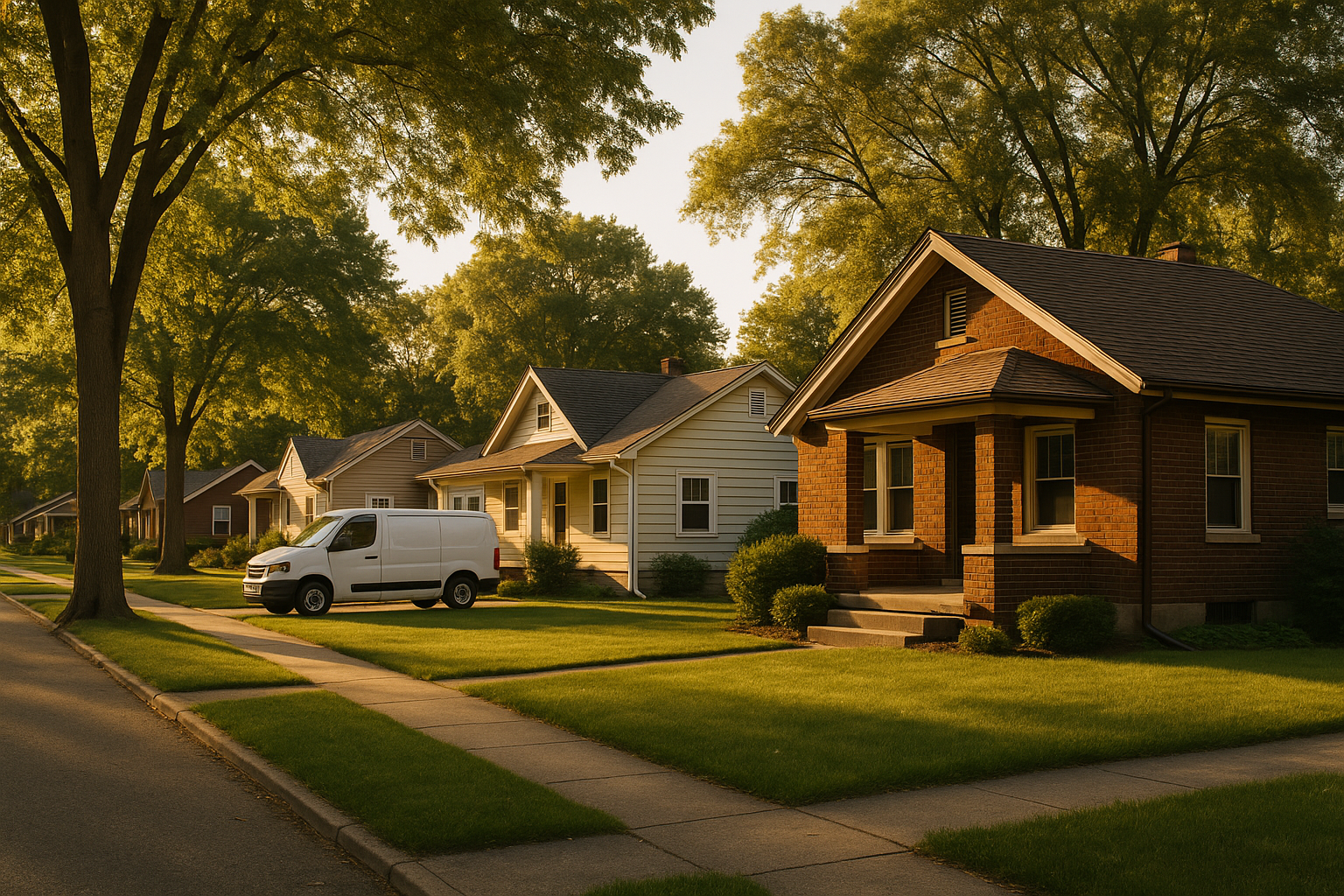 Wide golden-hour Indy street of single-family homes, brick bungalows, mature trees, plain service van, natural warm light, crop-safe composition.