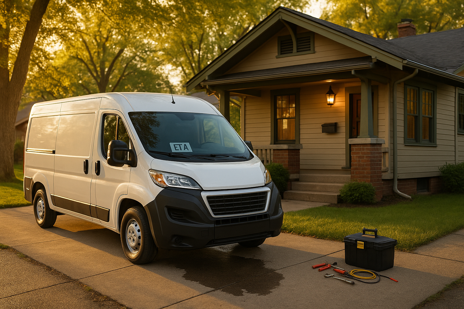 Service van at golden-hour in front of an Indianapolis bungalow, driveway tools and ETA placard, warm light, tree-lined street.