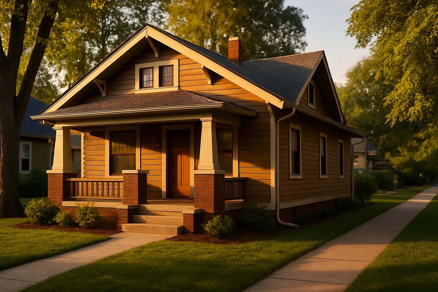 Craftsman bungalow exterior at golden hour, warm light on wood siding and porch, clean driveway, shallow depth of field.