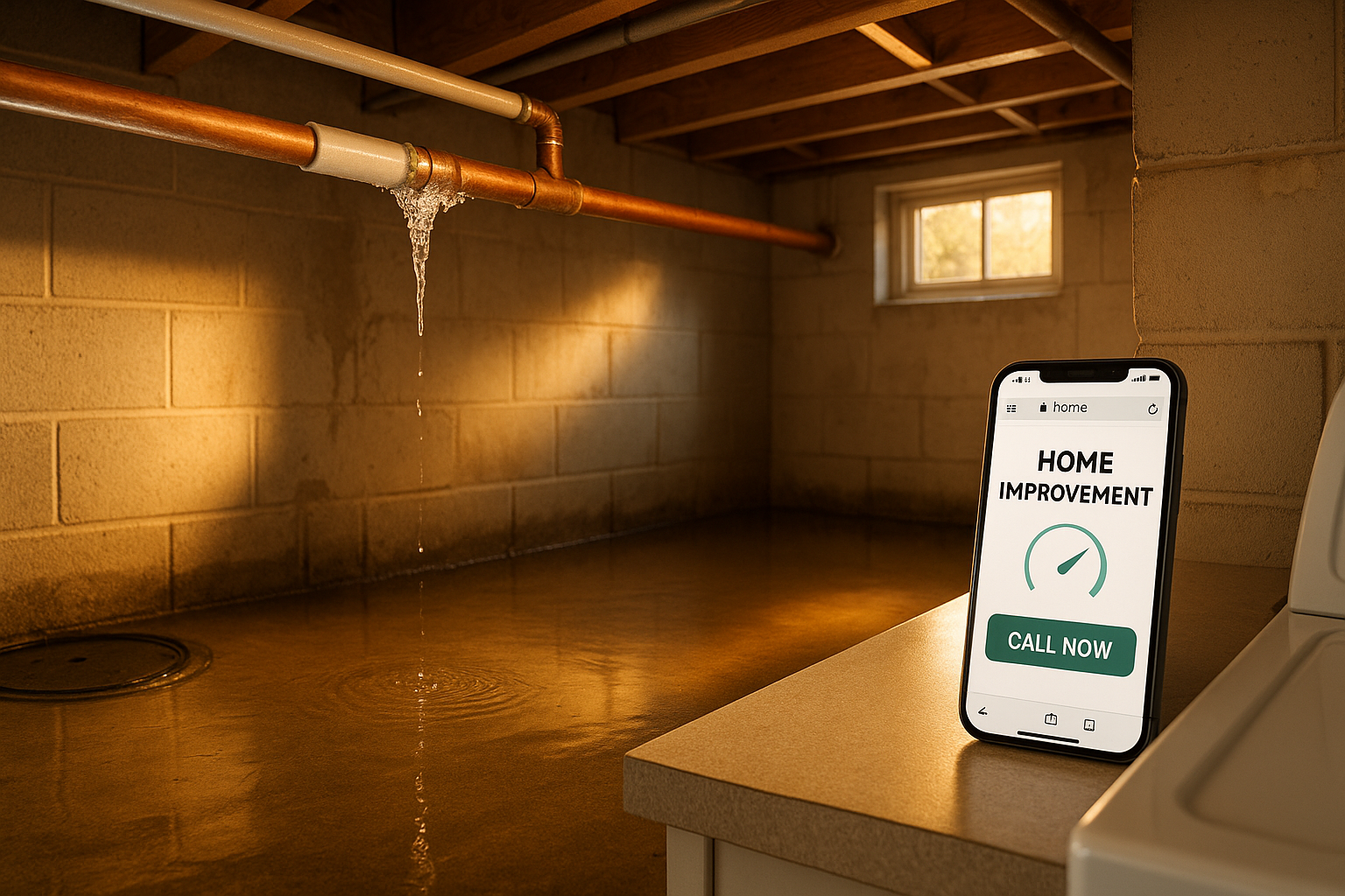 Basement with burst frozen pipe, ice-cracked copper, water pooling on concrete, smartphone on counter showing secure contractor site UI in warm light.